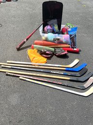 SH/ Bin Of 20 Mixed Sports Gear - 6 Hockey Sticks, 2 Softball Gloves, Variety Of Balls, Shin Pads Etc