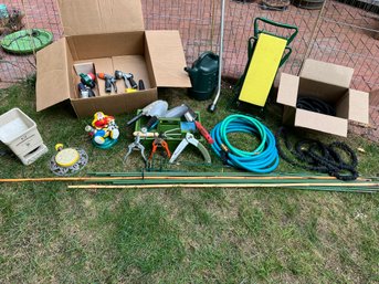 G/ 2boxes And Loose - Variety Of Gardening Items And Tools - Pocket Hose, Gardening Bench Etc