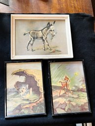 LR/ 3pcs - Vintage Kids Art: Happy Donkey By Rona Alexander, Thumper And Bambi By Disney