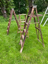 SH/ 3 Vintage Wood Step Ladders - 2 Are 67'h W Metal Bracing, 1 Is 56' By Lynn Ladder