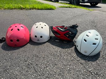 SH/ 4 Assorted Helmets - Specialized Bike S-M, 2 Triple Eight Bike XS & S, White Head Ski/Snowboard S