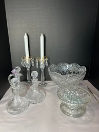 K/ 7pcs - Assorted Elegant Glass Decor - Bowl, Candleholders, Cruets Etc
