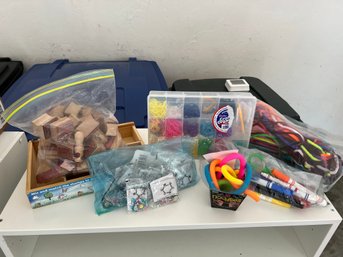 G/ Box Of Assorted Craft Supplies - Stamps, Bracelet Making, Markers, Noodlies, Elastics, Pipe Cleaners Etc