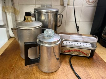 K/ 4 Pc Vintage - Coney Isl Hot Dog Steamer, 3 Alum Stove Top Percolators Comet 2 Cup, Mimco 7'h, Flint 8 Cup