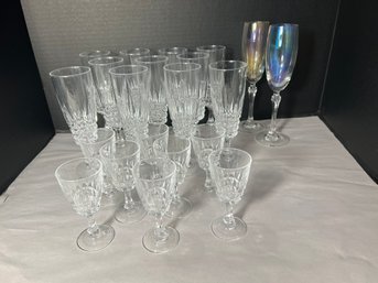 K/ 21pcs - Crystal Champagne And Cordial Glasses, 2 Flutes Marked Colony