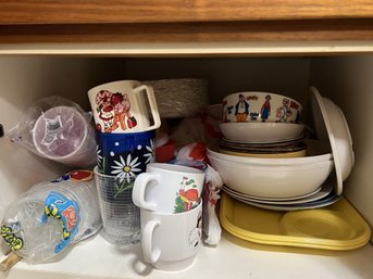 K/ Shelf W Asstd Melamine & Plastic Plates Bowls Cups - Kid's Popeye, Sylvester Cat, Strawberry Shortcake...