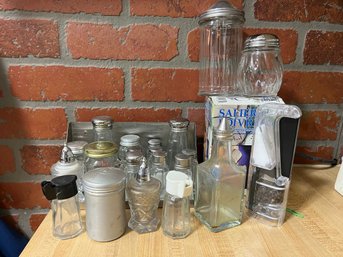 K/ Box Of Assorted Types Of Glass & Metal Shakers - Salt, Pepper, Oil, Sugar Etc