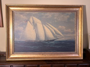 2C/ Large Attractive Ship Reproduction Print In Beautiful Gold Gilt Frame