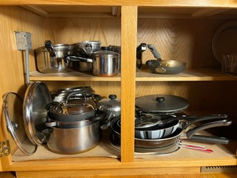 K/ Cabinet - Assorted Cookware: Revere Ware, Circulon, T-fal Etc