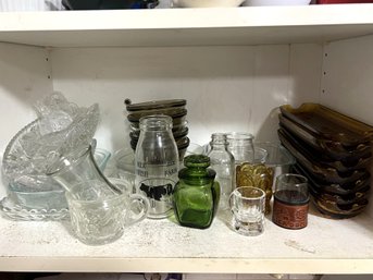 K/ Lower Shelf Of Assorted Small Glass Kitchen Items - Amber Corn Cob Dishes, Smoke Glass Ramekins, Etc