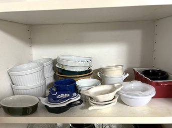 K/ Upper Shelf Of Assorted Small Ceramic Kitchen Items - Mini Red Loaf Pan, 4 White Fluted Custard Cups, Etc