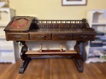 2C/ Stately Large Antique/Vintage Dark Finish Wood Trestle Desk