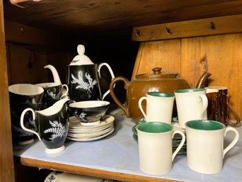 K/ Shelf - 3 Tea Sets: Royal Albert 'Night & Day', Brown Teapot W 2 Teacups, Green & White Demitasse Set