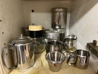 K/ Cabinet W Assorted Stainless & Glass Small Kitchen Items - Creamers, Shakers Etc