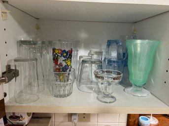 K/ Shelf Assorted Everyday Drinking Glasses - 2 Sundae Cups, 7 Blue Glass, 1 Bright Flowers, Etc