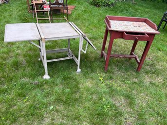 SH/ 2 Vintage Tables -  Red Painted Wood Single Drawer & Metal Wheeled 2 Drop Side Typewriter Table