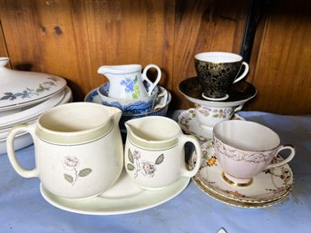 K/ Shelf 14pcs - Assorted Teacups & Creamers: Spode, Royal Grafton, Ansley, Copeland, Crown Devon Etc