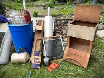 SH/ Rolls Of Twine, Window Screening, Plastic Sheeting, Asstd Jugs Bottles, Blue Plastic Barrel, Wood Bee Box.