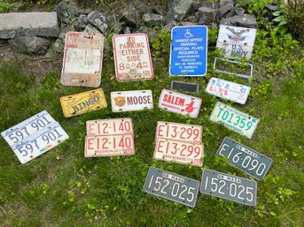 SH/ 3 Metal Parking Signs & 16 License Plates US Navy, Moose, Salem, 3 Vintage 1966 Mass, IL, NH Etc