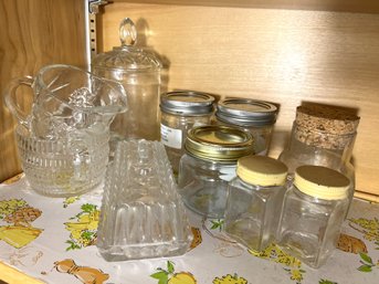 K/ 10pcs - Assorted Glass Lot - Creamer, Butter Dish, Canning Jars Etc