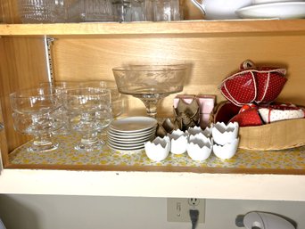 K/ Shelf 38pcs - Assorted Egg Cups & Carrier, Sherbet Bowls, Compote Etc