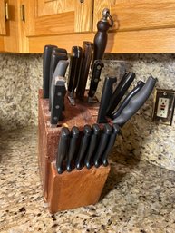 K/ 22pcs - Large Wood Knife Block With Assorted Knives: Sabatier, Henkel's Etc