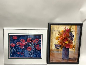 M/ 2pcs - Large Framed Floral Art: Helen Paul - Red Poppies And M. O'Keefe - Red Orange Florals In Vase