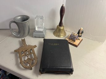 1B/ Box 6pcs - Assorted Masonic Item Pieces - Bible, Pewter Horn Mug, Brass Bell Etc