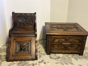 LR/ 2pcs - Ornately Carved Vintage Wood Coal Boxes: 1 As A Small Chair & 1 Larger With Lift Top