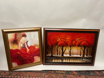 M/ 2pcs - Framed Art: Eye Catching Vibrant Reds - Flamenco Dancer & Trees - Both Signed