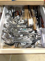 K/ Drawer #3 Of Assorted Kitchen Tools Utensils Gadgets  -  Knives, Serving, Lobster, Flatware Etc