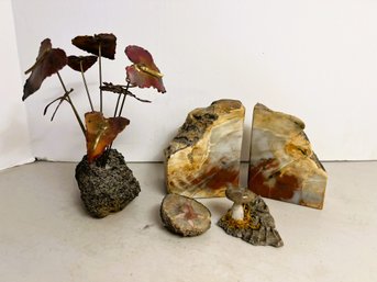 1B/ Box 5pcs - Geode Bookends, Agate Trinkets, Hawaiian Lava With Metal Flower Art