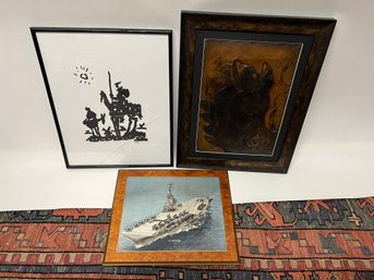 M/ 3pcs - Framed Mixed Art Pieces - Horse, Quiote And Warship