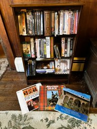 LR/ 3 Shelf Slim Wood Bookcase W CD's, VHS Tapes, 6 Volumes Of Pride & Prejudice, The Cadfael Collection Etc