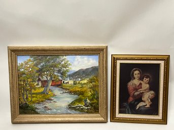 M/ 2pcs - Madonna And Child Print, Covered Bridge Painting By M O'Keefe