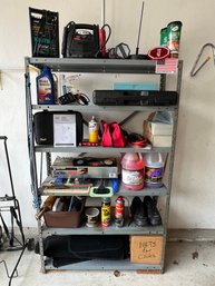 G/ Metal Shelf Unit With Automotive Related Contents: Jumper Pack, Battery Charger, Cleaning Products Etc