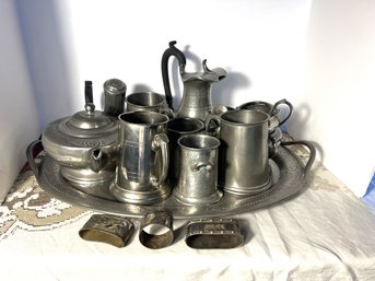 LR/ 16pcs Pewter Lot: Mugs, Platter, Cream & Sugar, Serving Pieces Etc: Manor, FB Rogers, England Etc