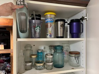 K/ 2 Shelves Assorted Insulated Travel Cups, Ball Jars, Jars, Canisters Etc