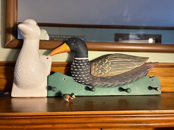 LR/ 3pcs - Ceramic Duck Wall Hanging, Wooden Duck 4 Peg Rack, Small Duck Trinket