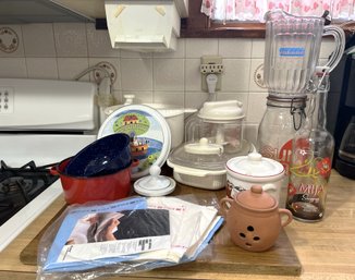 K/box Of Kitchen Misc - Chix Foodservice Towels, Metal Burner Cover, Sun Tea Jar, Honey Pot, Garlic Keeper Etc