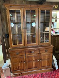 FR/ 2 Pc Vintage Pine Lighted China Cabinet, Top 3 Glass Doors 2 Glass Shelves, Lower 3 Doors 3 Drawers