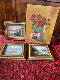 FR/4 Paintings - 3 Framed Signed Max Savy Harbor, Signed Harris Harbor, No Sign Barn Silo, No Frame Still Life