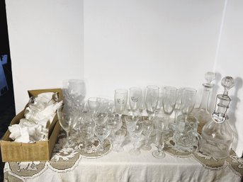 LR/ Variety Of Glass Barware: Decanters, Assorted Size & Type Of Glasses Etc