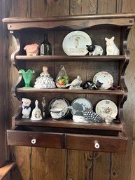 FR/ Vintage Wood 3 Shelf 1 Drawer Wall Display W Trinkets Collectibles Included - Otagiri, Schumann, Avon