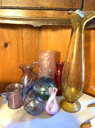 DR/ 8pcs Various Colorful Glass/Art Glass Vases, Pitchers, Ornaments: Some Hand Blown, Signed Etc