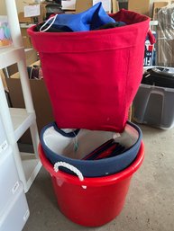 G/ Red Plastic Tub Rope Handles, Blue & Red Lrg Fabric Bins, Assorted Fabric Tote & Garment Bags, Cube Bins