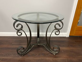 Contemporary Scrolled Design Metal & Glass Round End Side Table #2