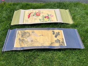 G/ 2 Beautiful Asian Paper Wall Decor - Scrolls W Wood Rods On Bottoms, Imagery Of Flowers, Koi, Bird, Trees..