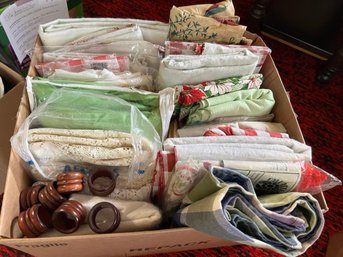 FR/ Box Of 18 Assorted Sizes Types Brands Materials Tablecloths & 8 Wood Napkin Rings, Woven Hot Pads Etc