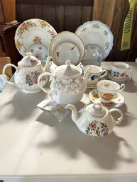 FR/ 3 Teapots, 6 Cup Saucers - Royal Grafton, O E & G, Noritake, Royal Dover, Ellgreave, Home Essentials Etc